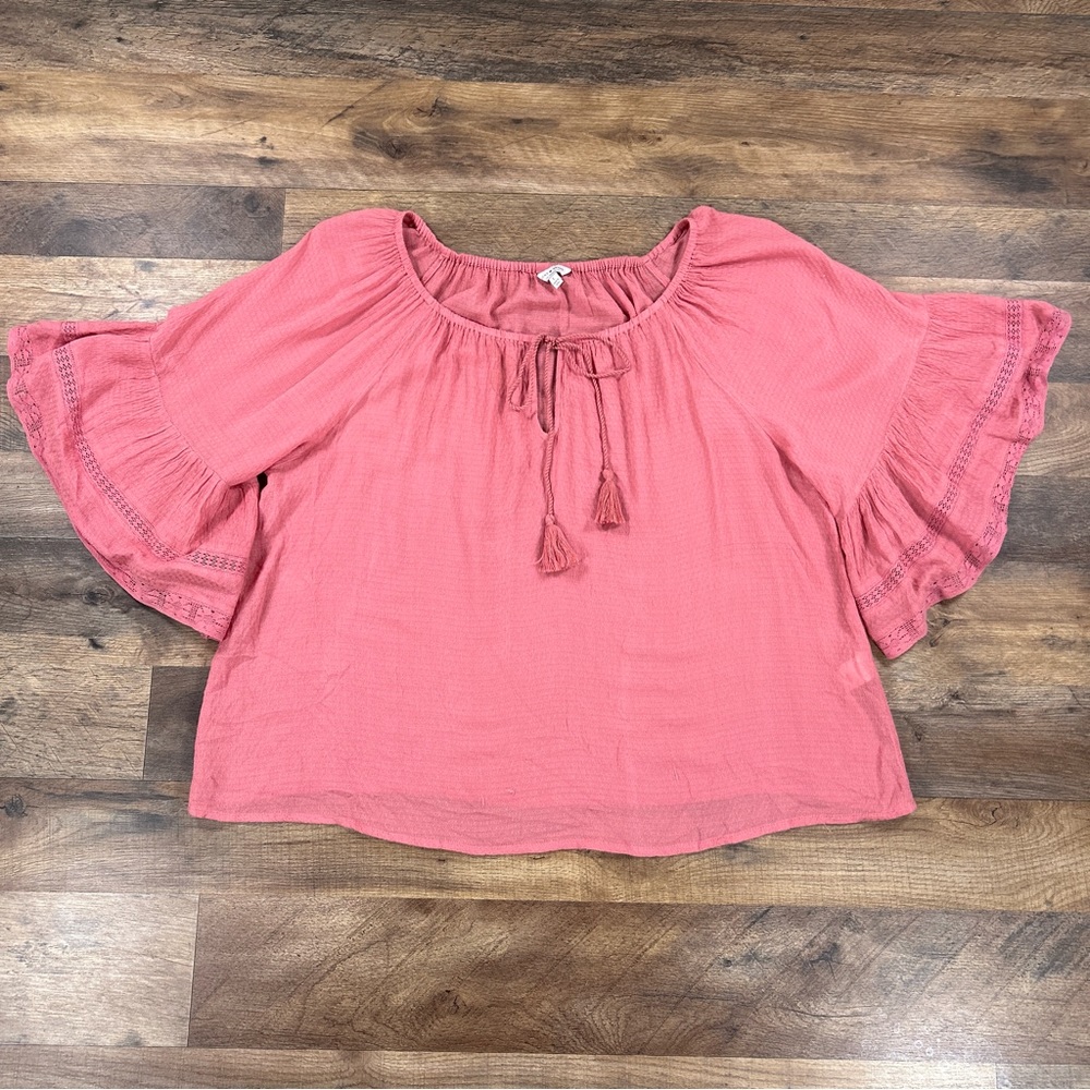 Lucky Brand Womens Shirt Large Pink Floral Boho blouse Scoop Neck Top